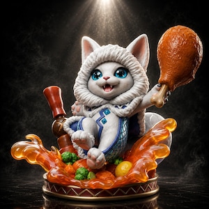 May include: A white cat-like creature figurine wearing a hooded cloak, holding a large brown roasted chicken leg. The base features translucent orange liquid, green broccoli, orange carrots, and a yellow lemon, all set on a circular stand.