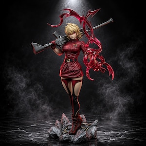 May include: A collectible figurine of a blonde character wearing a red military-style jacket and skirt, holding a long rifle across their shoulders. The figure features red glowing energy effects, black thigh-high stockings, and stands on a rocky base.