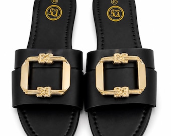 Women’s Black Flat Slide Sandals with Gold Buckle – Stylish Open Toe Summer Slippers