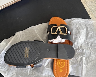 Women’s Black Slide Sandals with Gold Detail – Elegant Flat Summer Slip-On Shoes, Designer Style