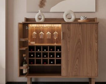 Solid Walnut Bar Cabinet with Wine Bottle Racks: Handcrafted Solid Wood Kitchen Storage