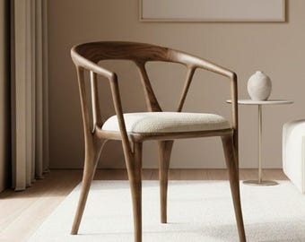 Unique Handmade Solid Walnut Dining Chair: Minimalist Wooden Chair with Arm