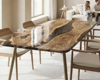 Handmade Smoked Epoxy River Dining Table: Custom Order Live Edge Resin Furniture, Modern, Rustic