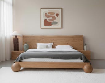 Handmade Solid Oak Bed: Wood Headboard, Solid Wooden Bed Frame with Nightstands, Custom King Queen Size Bed Frame