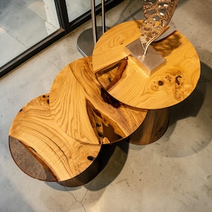 Epoxy Nesting Tables: Resin Walnut Pedestals Table, Solid Minimalist Furniture