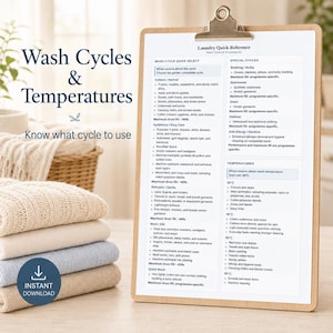 May include: A wooden clipboard holding a white paper titled Laundry Quick Reference, featuring detailed lists of wash cycles, fabric types, and temperature settings. The document provides guidance on cycle selection and maximum drum fill percentages.