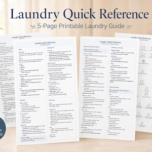 May include: A 5-page printable Laundry Quick Reference guide featuring text and laundry symbols. The pages contain information on stain removal, sorting, wash cycles, temperatures, and care instructions. A blue circular instant download icon is visible.