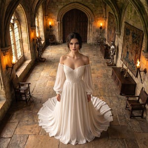 green emerald velvet dress Chiffon Medieval Wedding Dress with Long Sleeves Sanchia Size 16W / White