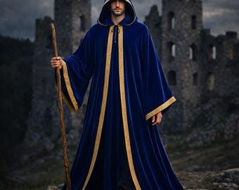 Velvet Wizard Cloak · Medieval Fantasy Hooded Robe | Gothic Sorcerer Cape for Cosplay, LARP & Halloween