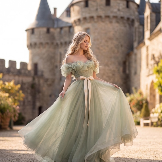 Sage Green Princess Tulle Gown OffShoulder Fairy Tale Dress | Ethereal Cottagecore Wedding & Photoshoot Dress Sage Green Princess Tulle Gown OffShoulder Fairy Tale Dress | Ethereal Cottagecore Wedding & Photoshoot Dress