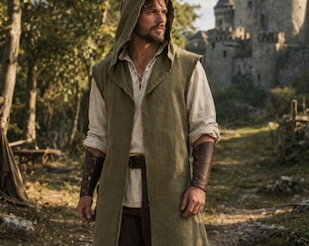 Średniowieczny płaszcz z kapturem · Płaszcz fantasy z lnu i bawełny | Kostium LARP na renesansowy jarmark, długi, powłóczysty płaszcz z kapturem
