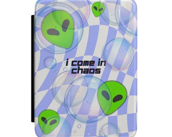 I Come in Chaos Trippy Kindle case | Aliens | Checkered background