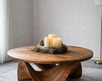 Solid Teak Wood Coffee Table, Round Sculptural Modern Center Table