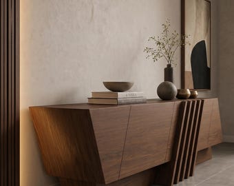 Walnut Geometric Sideboard Cabinet, Modern Minimalist Credenza Buffet Storage