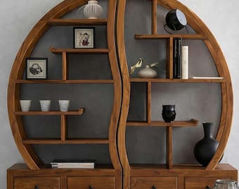 Gebogen teakhouten boekenkast | Massief houten displayplank met lades | Moderne ronde boekenplank
