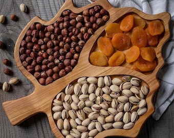 Bandeja de madera con forma de hoja, plato para aperitivos con compartimentos, tabla de madera para servir frutos secos, bandeja rústica para frutas, organizador de aperitivos hecho a mano.