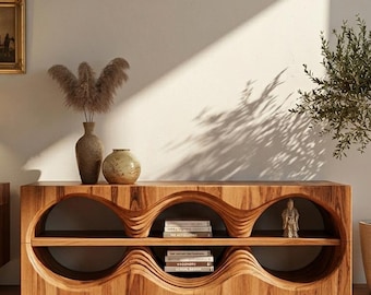 Wavy Teak Wood TV Stand, Sculptural Media Console, Curved Cabinet, Modern Organic Storage Unit