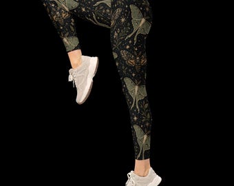 Moth Green Leggings, Yoga Workout Activewear for Fitness, Gym & Fantasy Vibes