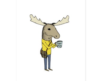 Coffee Moose 5 x 7 Jaunty Animals Print by Hello Small World - Coffee Print, Moose Art