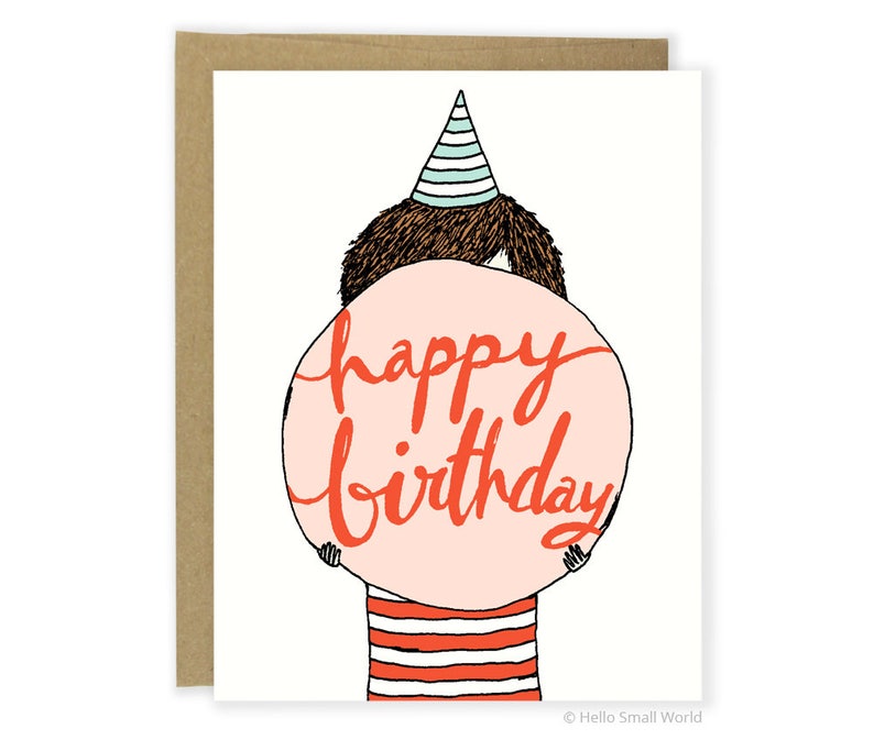 Peut inclure: Une carte d'anniversaire avec une illustration de dessin anim&eacute; d'une personne portant un chapeau de f&ecirc;te tenant un cercle rose avec les mots "joyeux anniversaire" &eacute;crits en rouge.