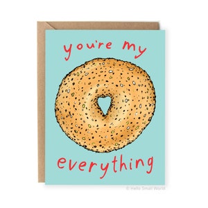 Divertente biglietto di anniversario, biglietto di San Valentino per fidanzato, per fidanzata, gioco di parole sul cibo, tutto bagel, gioco di parole, carino, ti amo, marito, lui, lei