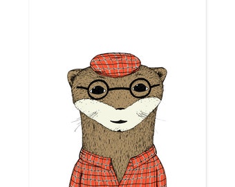 Otter Print, Woodland Nursery Animal Head, Woodland Animal Prints, Woodland Creature Nursery, Baby Animal, Cute Otter, Animal In Glasses