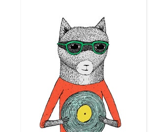 Woodland Animal Art Print - Record Raccoon