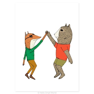 May include: Illustration of a fox and a bear giving each other a high five. The fox wears glasses, a green plaid shirt, and brown pants. The bear wears an orange shirt and khaki shorts. The image is on a white background.