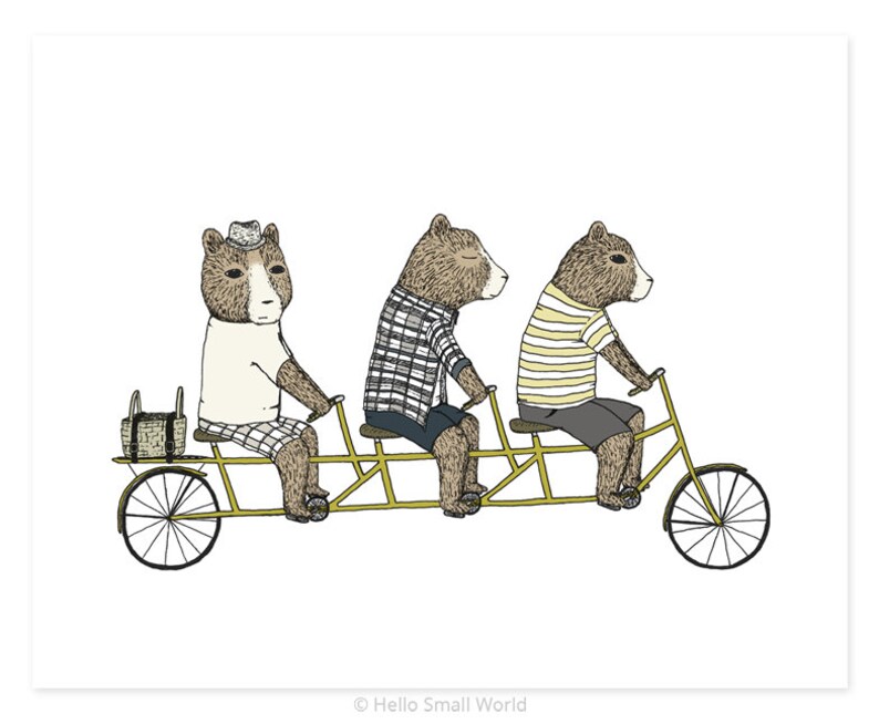 3 Bears On A Bicycle Illustration Print, Bear Print, Bears Illustration, Bicycle Print, Bike Art, 8x10 Art Print image 1