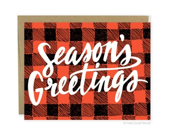 Christmas Card - Season's Greetings Buffalo Plaid Card, Cute Holiday Card, Rustic Holiday Card, Rustic Christmas Card, Christmas Plaid Card