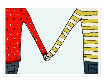 Holding Hands 5 x 7 Art Print - Couple Print, Friend Print, Friendship, Love Print, Holding Hands Print, Kids Room, Anniversary, Nursery Art