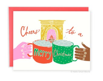Cute Christmas Card, Merry Christmas for Family, Friends, For Her, Him, Boyfriend, Girlfriend, Illustration, Cocoa, Fireplace Holiday Card