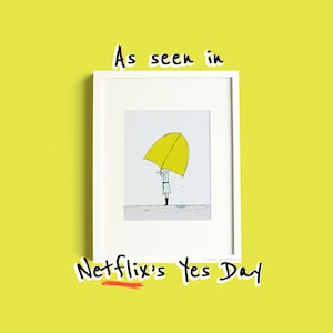 Umbrella Girl 5 x 7 Art Print Umbrella Print, Kids Art, Nursery Art, Babies Room, Cute Illustration, Yellow Umbrella, Pen Ink Illustration image 1