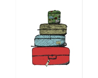 Luggage Art Print - Travel Print, Suitcase Print, Illustrated Print, Kids Room Decor, Nursery Art, Cute Illustration, Childrens Art, 5 x 7