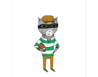 Football Raccoon Print - Football Print, Raccoon Art, Sports Art, Sports Nursery, Football Nursery, Cartoon, Sporty Decor