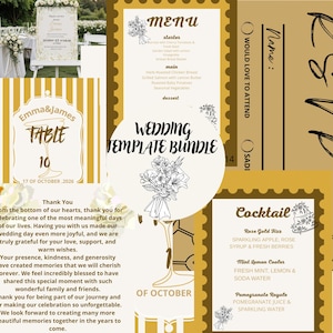 Può includere: Un set di modelli per matrimonio con design di cancelleria in oro e bianco. La collezione include un menu, una scheda RSVP, un segnatavolo, una lista di cocktail e un biglietto di ringraziamento, decorati con disegni floreali e tipografia.