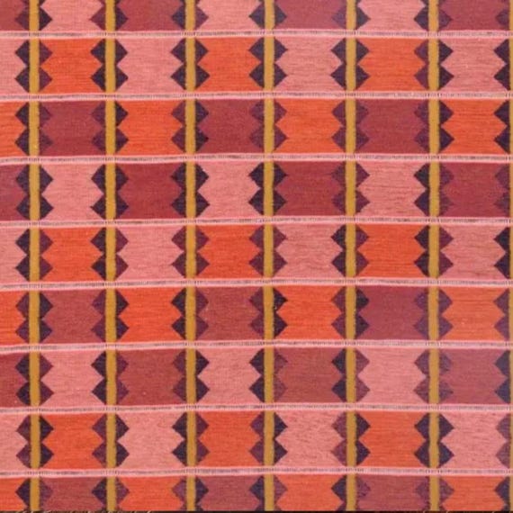 Handwoven Kilim Rug - Geometric Aztec Area Rug, Boho Pink Orange Rust Wool Carpet, Mid Century Modern Flatweave, Tribal Decorative Rug