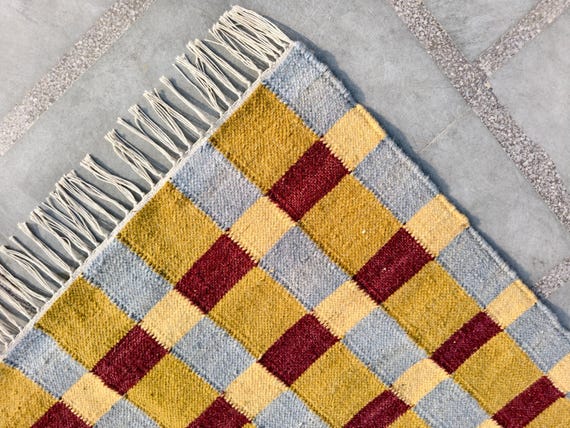 Handwoven Blue, Maroon and Gold: Bauhaus Plaid Scandinavian Modern Minimalist Design
