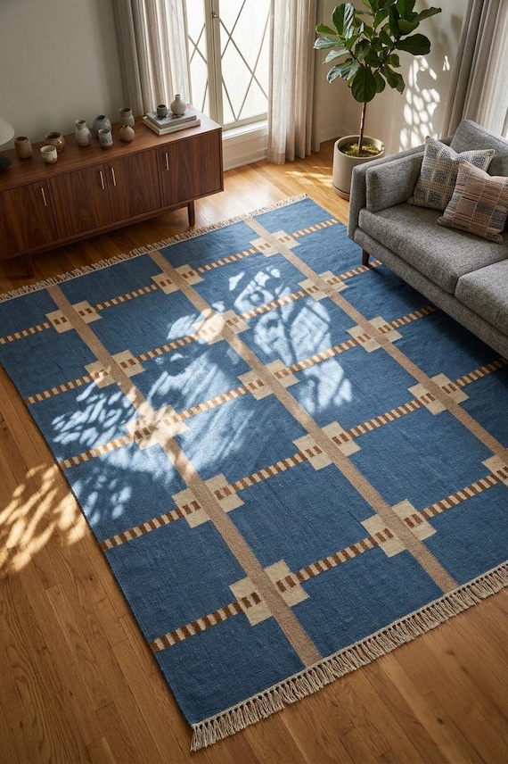 Handwoven Blue | Grey and Beige | Kilim Wool Rug for Living Room | Scandinavian Modern Minimalist Design | Eco-Friendly | Custom Sizes Rugs