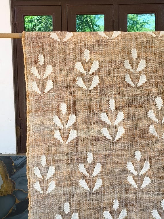 Floral Jute Rug | Rustic Jute Handwoven Vintage Indian Floral Motif Rug | Neutral Mid Century Modern Living Room Rug | Beige White 8x10 9x12