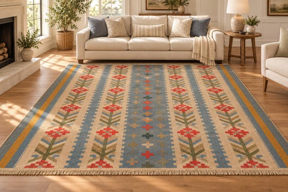 Botanical Area Rug with Fringe, Blue & Cream Floral Kilim Style, Farmhouse Living Room Decor
