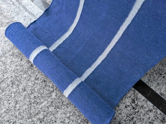 Minimalist Blue and White Stiped Rug | Scandinavian Long Kitchen Runner | Custom Size Stair Runner | Geometric Woven Cotton Gallery Mat