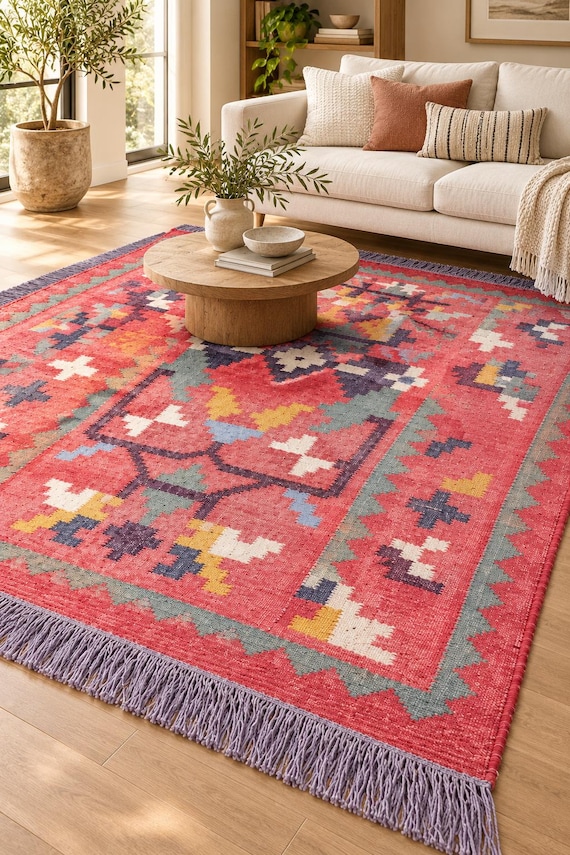 Wool Jute Kilim Runner Rug, Red Tribal Runner, Handmade Boho Hallway Rug, Vintage Geometric Runner, Southwestern Flatweave, Multicolor Rug