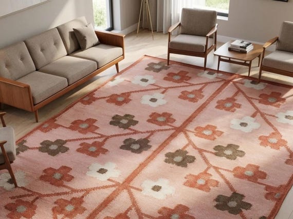 Pink Floral Wool Area Rug, Handwoven Botanical Area Rug for Bedroom, Boho Cottage core Floral Accent Rug, Modern Danish Pastel Bedside Rug