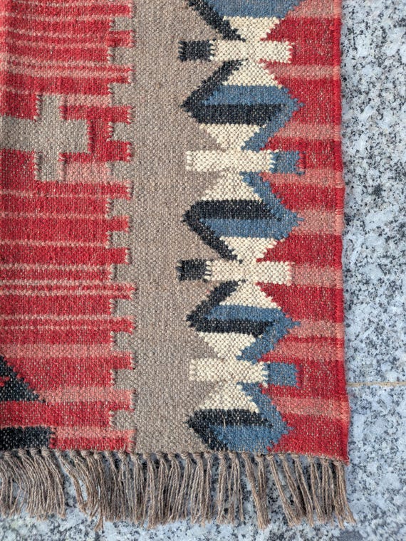 Red Peruvian Rug - Handmade Vintage Runner With Moroccan Motifs - Southwestern Fusion, Traditional Kilim Runner, Flatweave Custom Size Rug