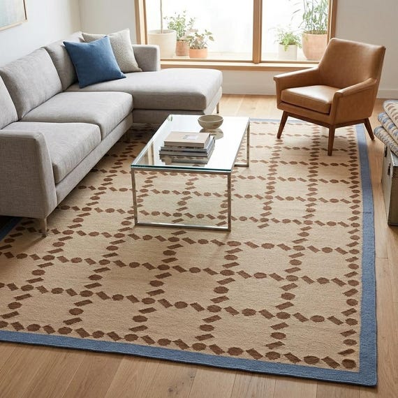 Scandinavian Blue Beige Rust Wool Area Rug - Geometric Handwoven Modern Minimalist Design
