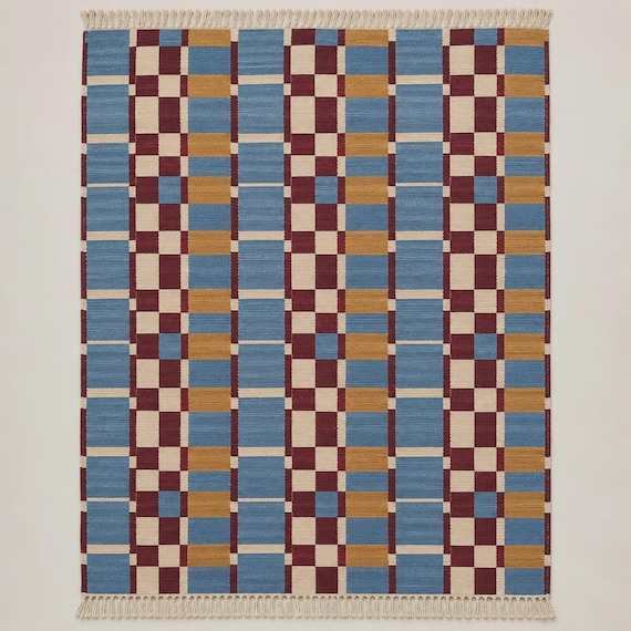 Blue Plaid Area Rug with Fringe, Burgundy Mustard & Cream Checkered Rug, Retro Geometric Living Room Decor