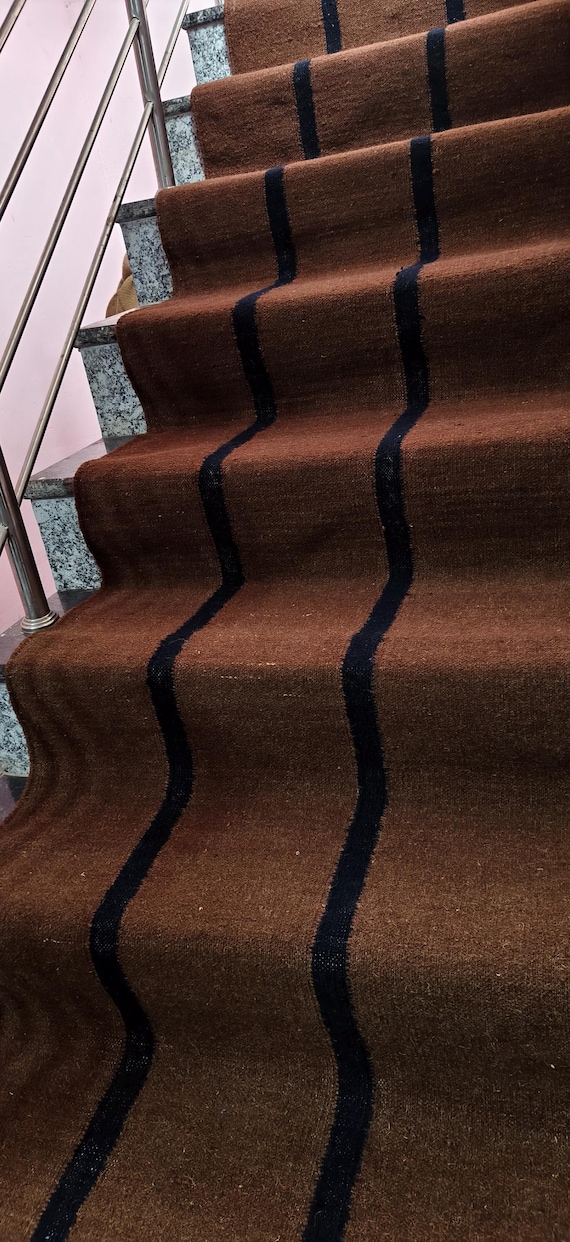 Stair Wool Runner - Earthy Brown Kilim Runner For Staircase | Bedside| Entryway | Kitchen | Flatweave Modern Decor Runner - Striped Runner