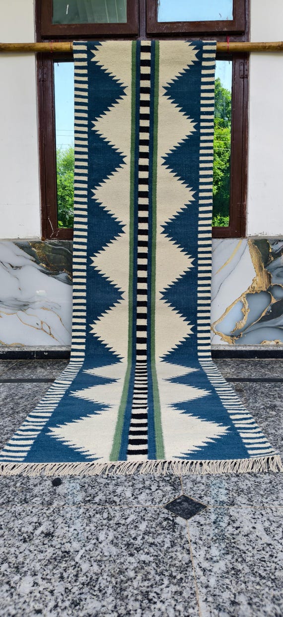 Handwoven Blue Wool Runner Rug, Geometric Southwestern Kilim Area Rug, Bohemian Hallway Runner, Aztec Flatweave Entryway Carpet with Fringes