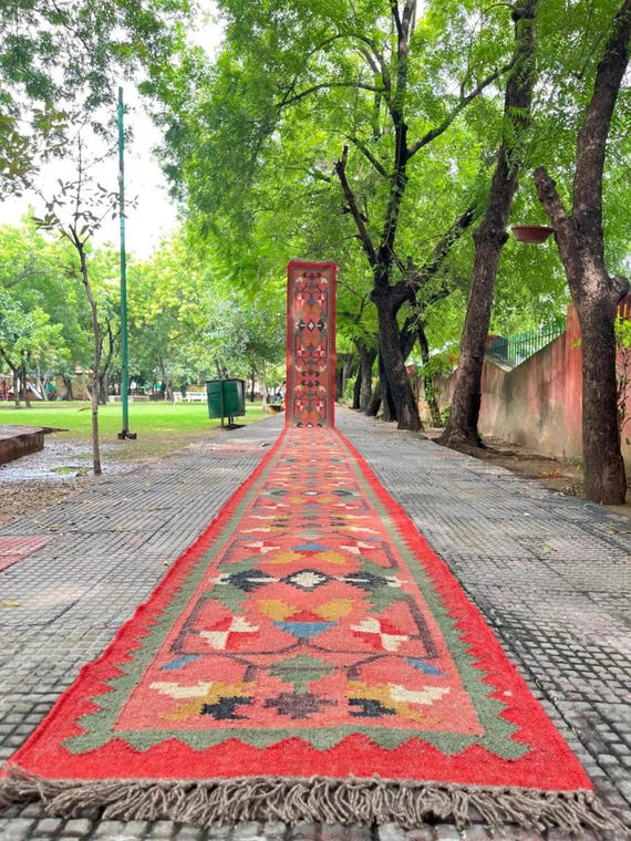 Kilim Runner Rug - Vintage Red Woven Hallway Stairs Handmade Geometric Jute Wool Flatweave Entryway Bathroom Kitchen Indoor Outdoor Runners